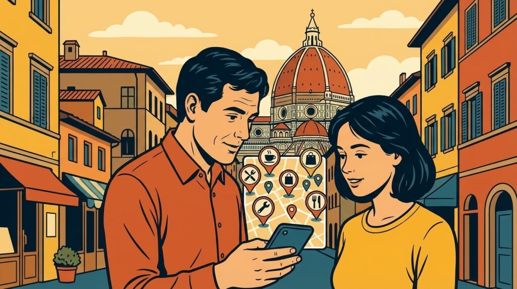 Due consumatori guardano lo smartphone con una mappa, simbolo di ricerche locali “vicino a me”