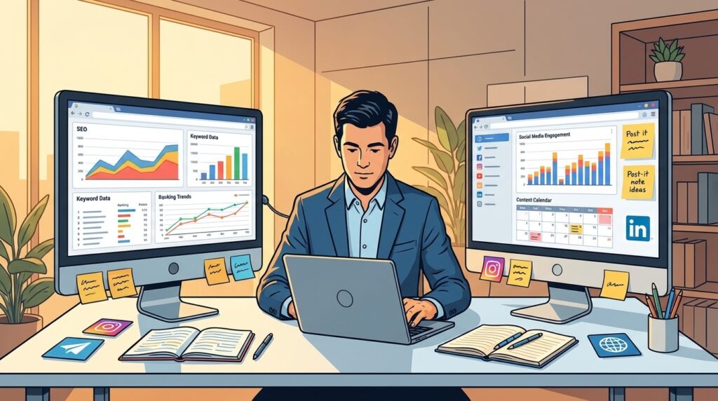 Imprenditore davanti a schermi con grafici SEO e icone social (illustrazione fumetto)