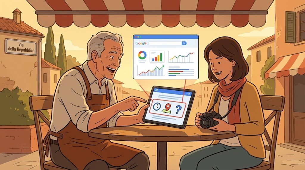 Due piccoli imprenditori toscani osservano un assistente AI che mostra grafici e micro-momenti su un tablet, in uno scenario urbano toscano.