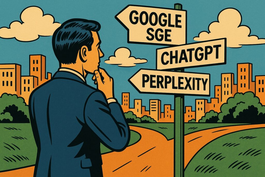 Uomo in abito da lavoro riflette davanti a un bivio con tre cartelli: Google SGE, ChatGPT, Perplexity, in stile fumetto italiano widescreen