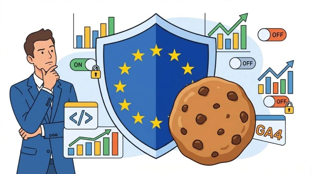 Illustrazione stile fumetto: uno scudo con il simbolo GDPR (stelle UE) protegge un grande biscotto cookie circondato da elementi grafici di analytics