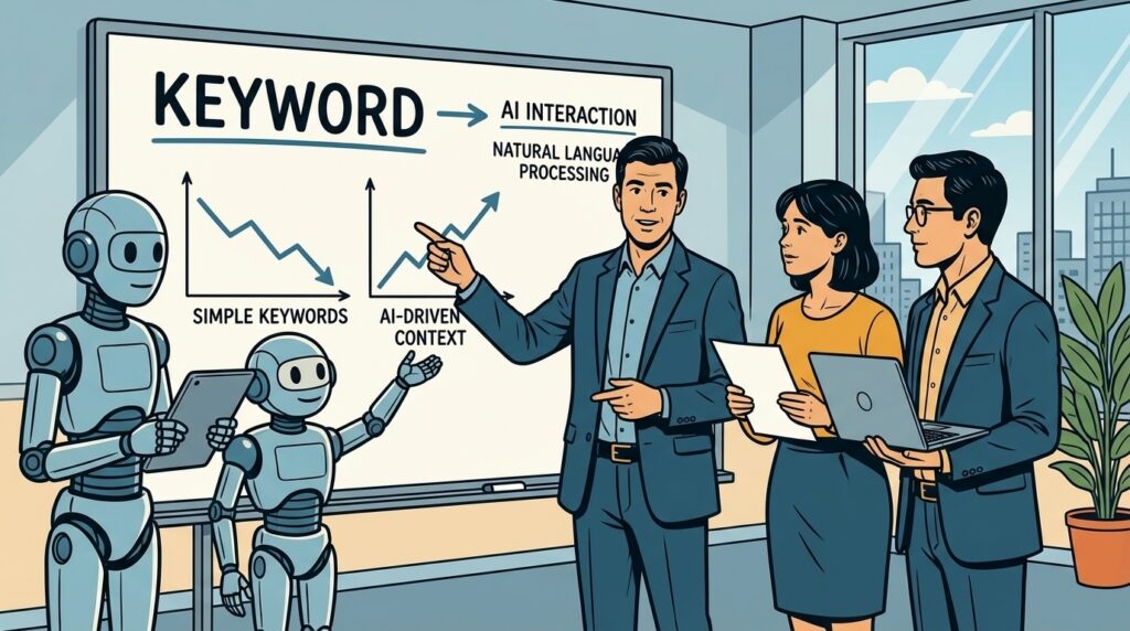 Tre professionisti e due robot discutono di SEO davanti a una lavagna con la scritta "keyword"