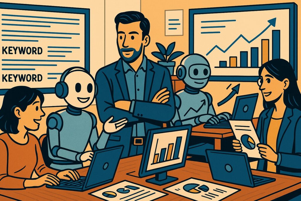 Illustrazione fumetto: imprenditori PMI e robot AI pianificano al computer una strategia SEO nel 2026