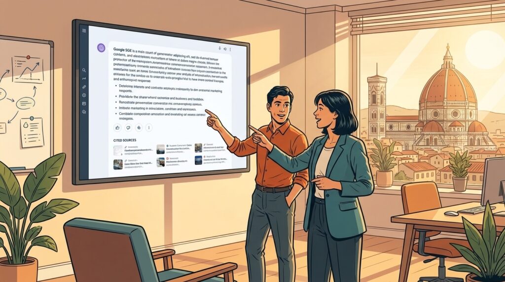 Due professionisti guardano i risultati di un motore di risposta AI su uno schermo