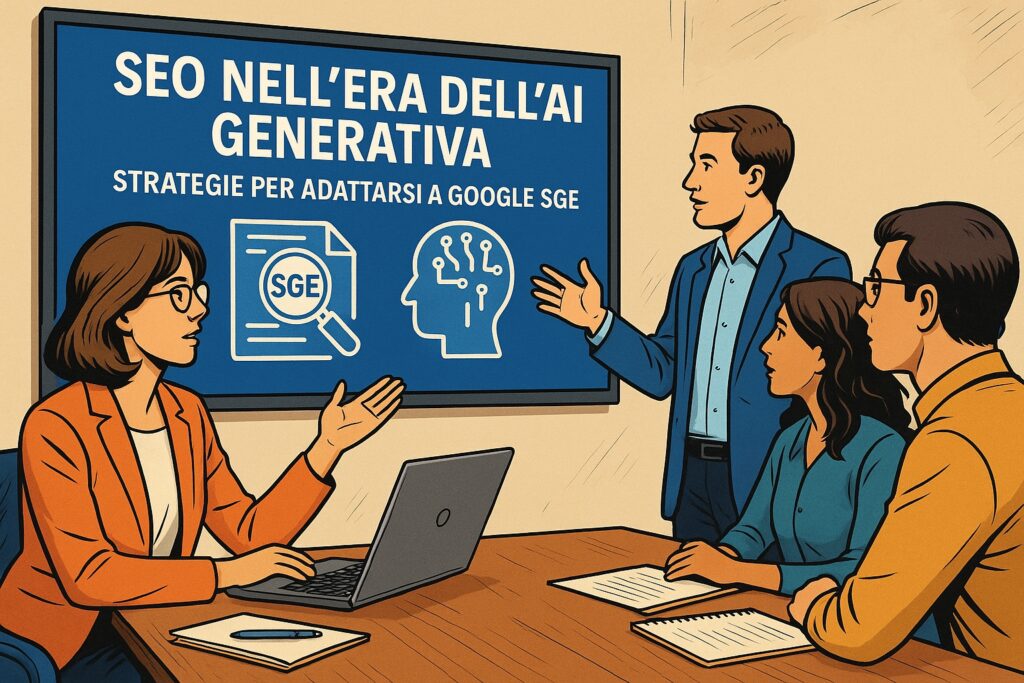 Team di marketing pianifica una strategia SEO con l’AI generativa su grande schermo