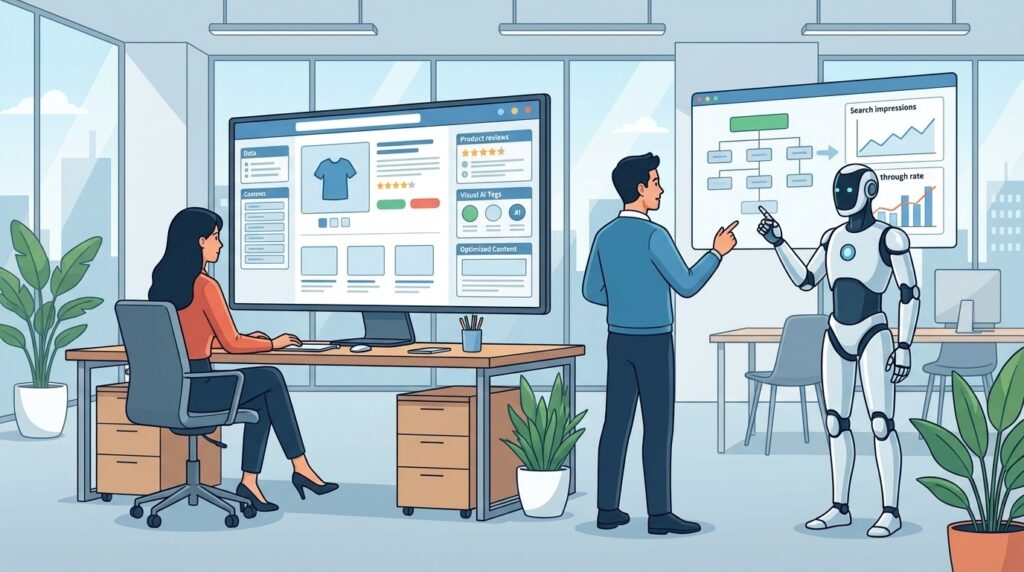 Due specialisti e-commerce ottimizzano una scheda prodotto con l’aiuto di un assistente AI, in stile fumetto italiano widescreen