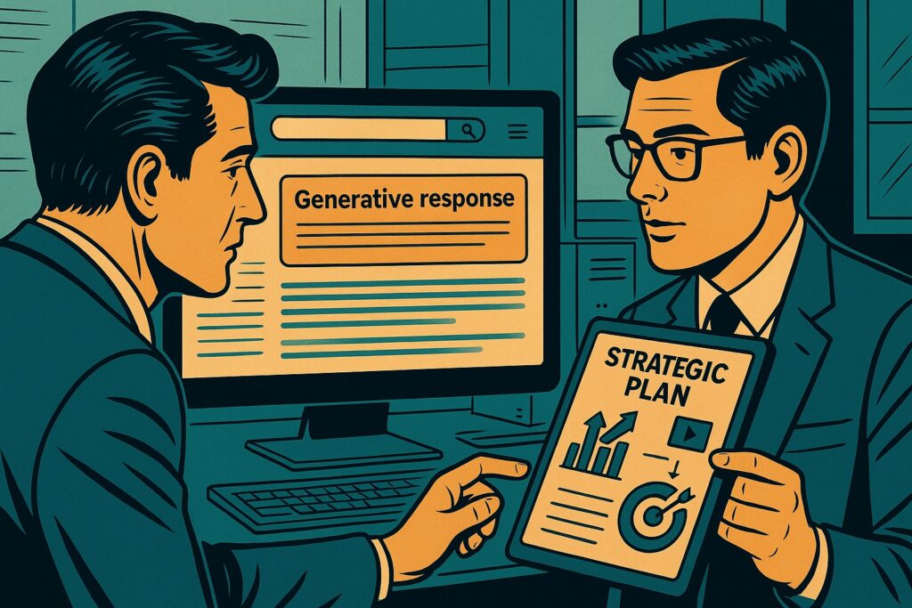 Due consulenti discutono un piano strategico davanti a una schermata con risposta generativa, in stile fumetto italiano widescreen