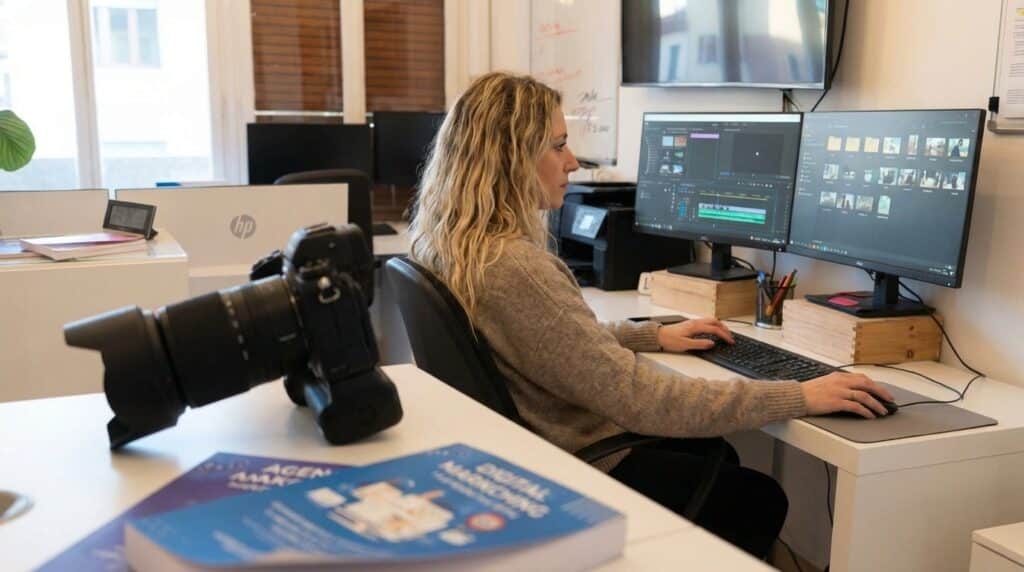 Professionista al lavoro su immagini ottimizzate con intelligenza artificiale nello studio Outside the Box a Firenze