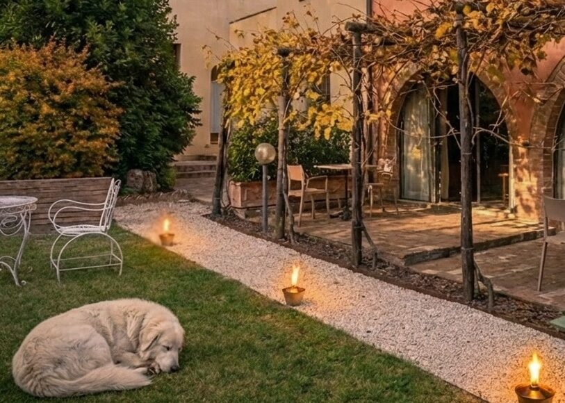 Ottimizzazione visiva con AI: il caso di un piano social luxury senza shooting fotografico 2 Spazio esterno trasformato con AI e post-produzione per comunicazione luxury