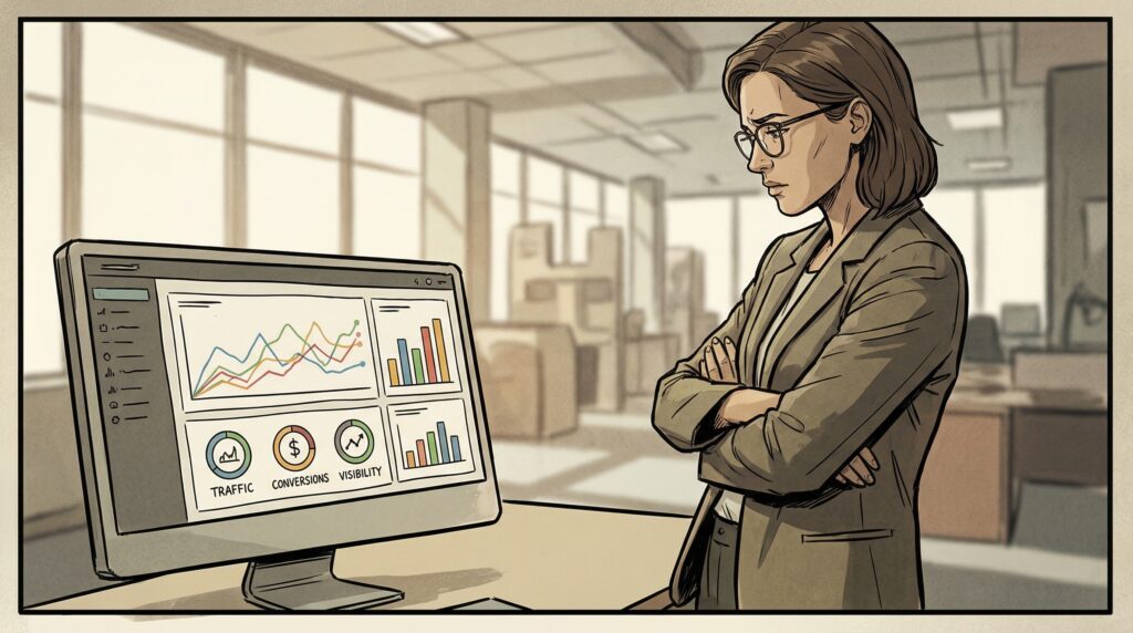 Professionista del marketing analizza dati SEO e aggiornamenti dell’algoritmo Google su uno schermo in ufficio