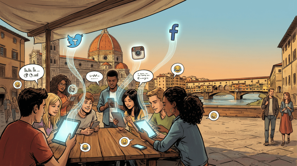 llustrazione stile fumetto italiano: creator e social media manager a Firenze (con il Duomo sullo sfondo) mentre usano app social emergenti su smartphone e tablet