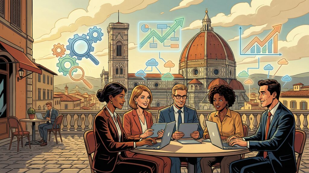 Illustrazione a fumetti di esperti SEO al lavoro con algoritmi Google sullo sfondo del Duomo di Firenze