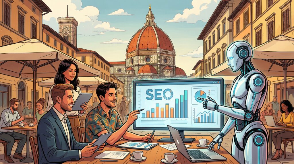 Illustrazione stile fumetto con professionisti SEO e un robot AI che lavorano insieme su dati, sullo sfondo il Duomo di Firenze
