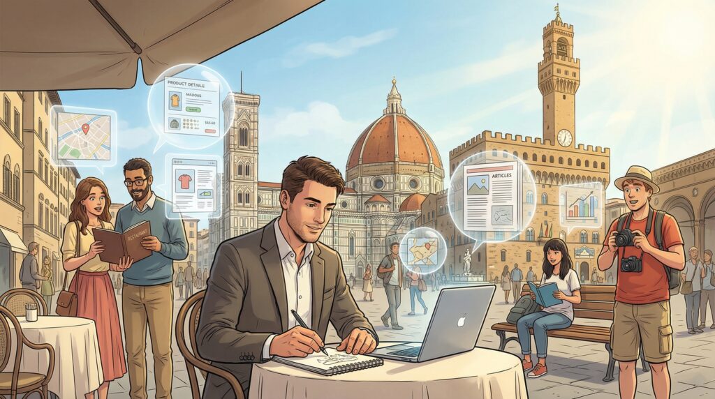 Illustrazione in stile fumetto, ambientata a Firenze con il Duomo, un marketer crea contenuti che appaiono agli utenti senza interromperli