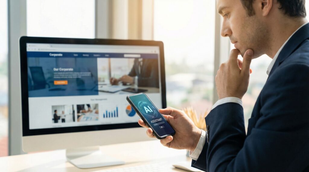 Persona in ufficio interagisce con un assistente vocale AI sullo smartphone, con il sito web aziendale aperto su un monitor sullo sfondo