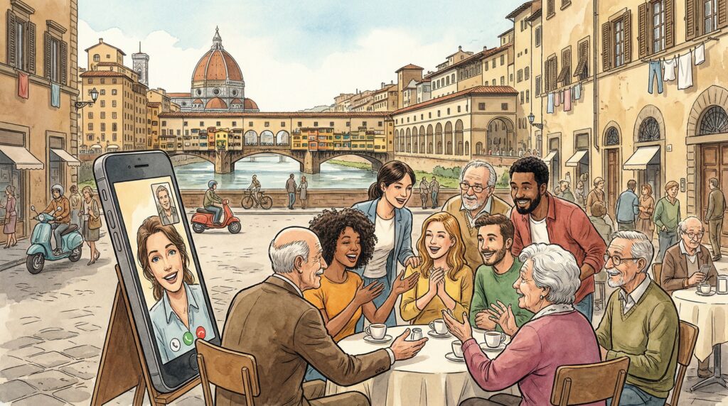 Illustrazione stile fumetto: persone a Firenze (Ponte Vecchio) che conversano guardando uno smartphone