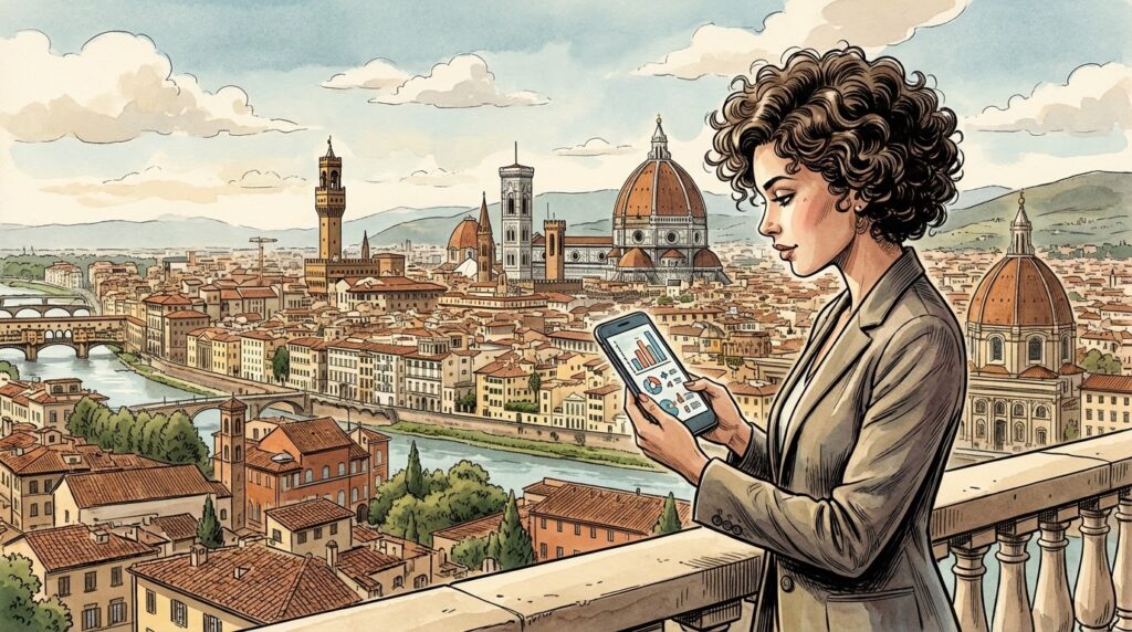 Illustrazione fumetto: imprenditrice guarda lo smartphone con grafici di engagement da AI, sullo sfondo il Duomo di Firenze
