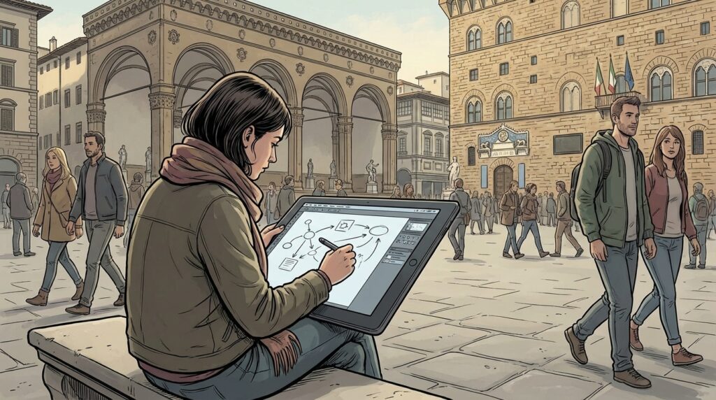 Illustratrice progetta interfaccia AI davanti alla Loggia dei Lanzi a Firenze