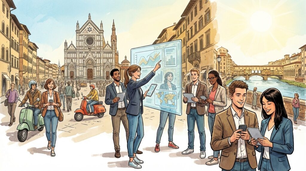Illustrazione in stile fumetto che rappresenta una micro-community digitale a Firenze
