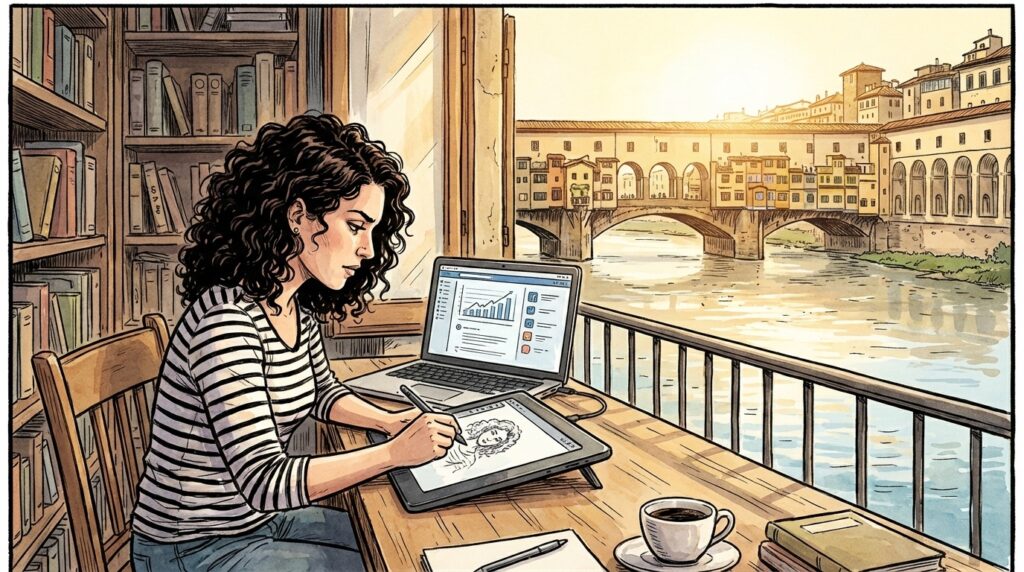 Illustrazione di un imprenditore che lavora al proprio profilo social a Firenze, fra contenuti organici e post sponsorizzati.