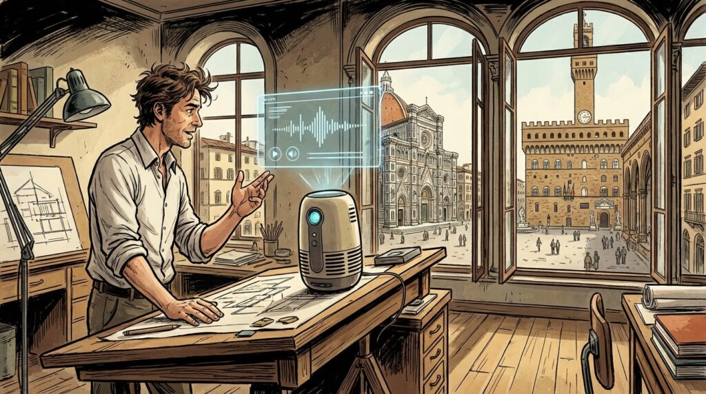 Illustrazione in stile fumetto: un imprenditore nel suo ufficio a Firenze usa un assistente vocale mentre lavora al computer, con vista sulla città.