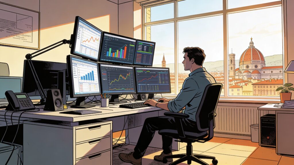 Ufficio moderno con specialista SEO che guarda monitor con grafici di dati SEO