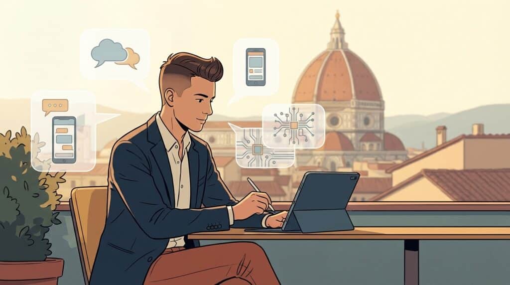 Social media manager a Firenze lavora con strumenti AI per creare contenuti autentici
