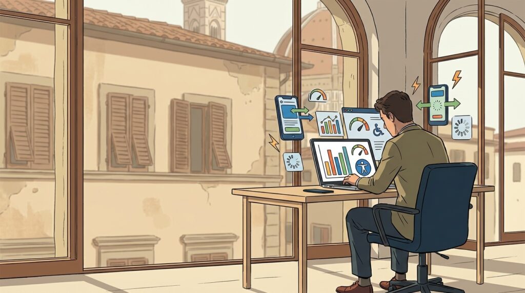 Professionista a Firenze analizza Core Web Vitals e accessibilità di un sito web PMI