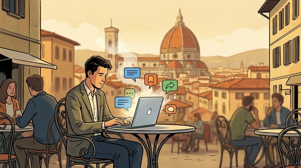 Professionista con laptop a Firenze con icone di engagement social attorno allo schermo