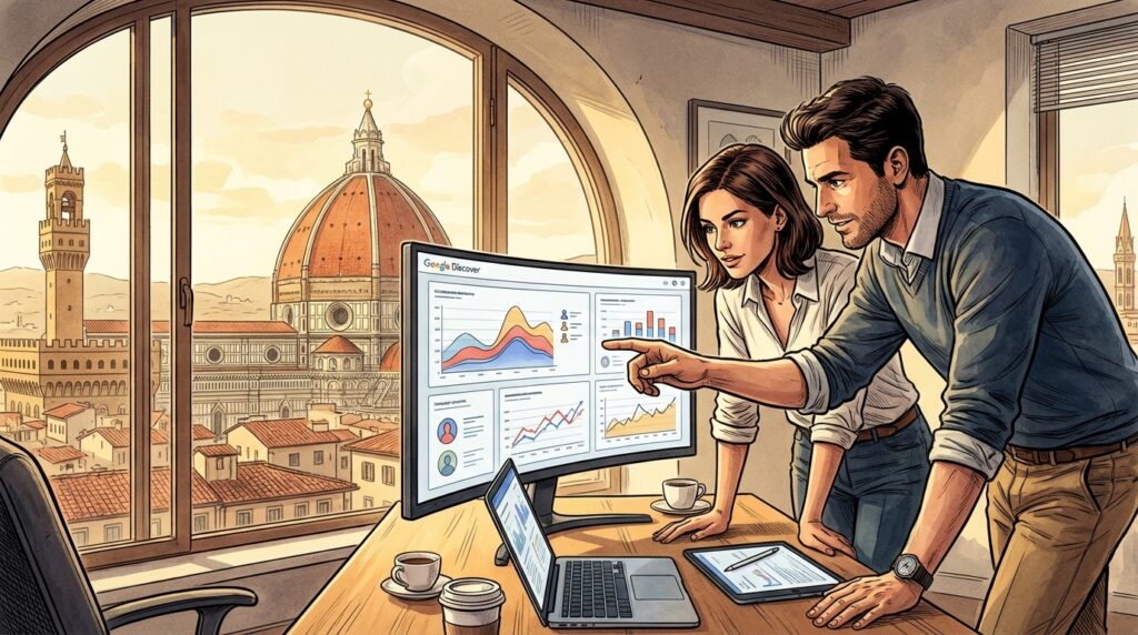 Illustrazione in stile fumetto italiano con professionisti che analizzano Google Discover davanti alla vista del Duomo di Firenze