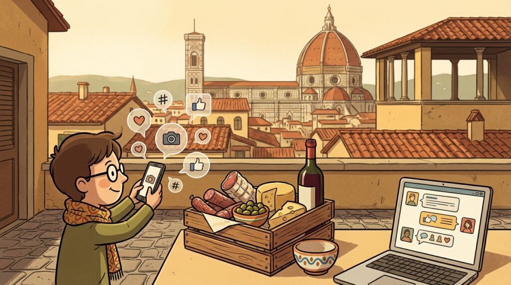 Imprenditrice toscana crea contenuti autentici per i social media con prodotti tipici e sfondo fiorentino