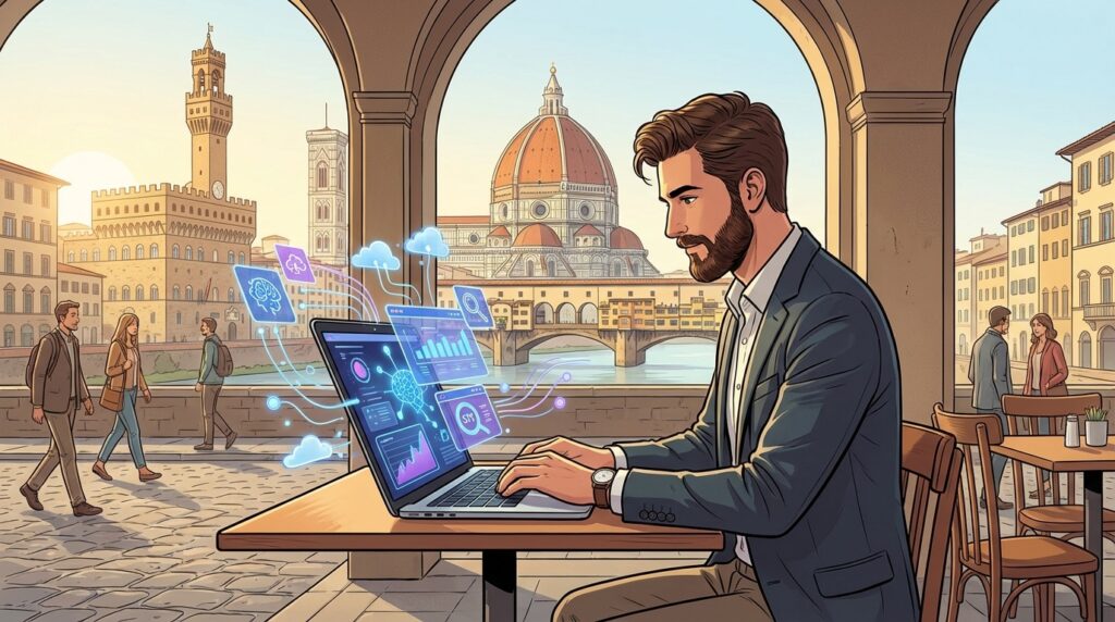 ersona seduta al desk con laptop e grafici digitali luminosi che rappresentano l’AI