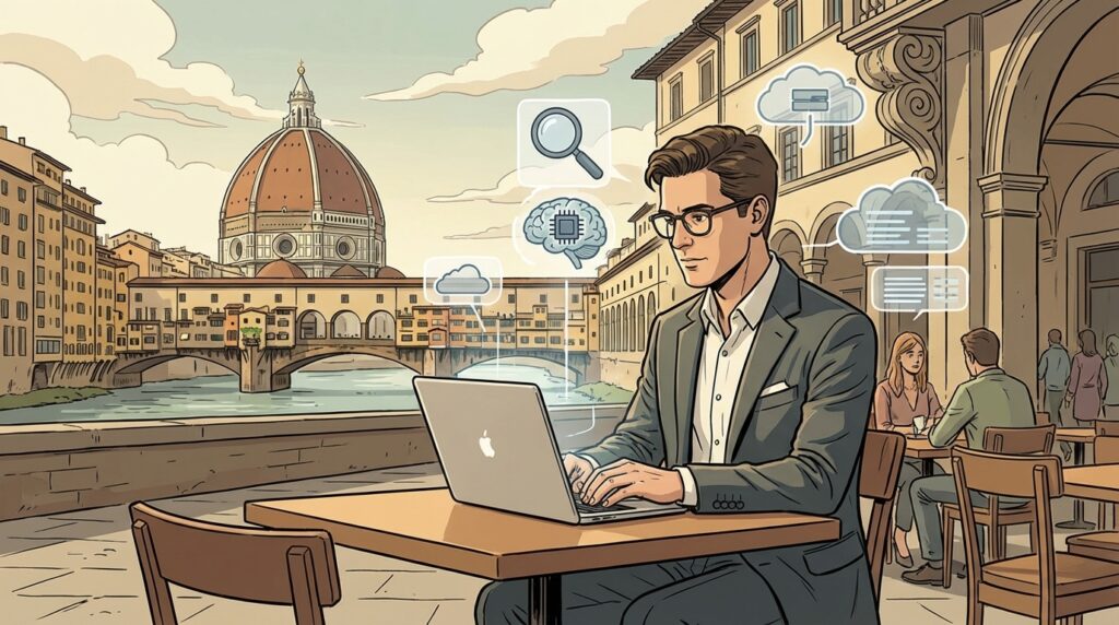 Professionista con laptop che lavora all’aperto a Firenze, con simboli di ricerca e AI intorno