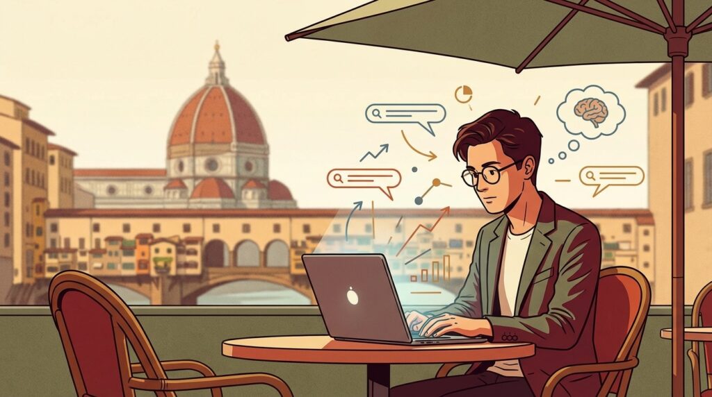 Professionista con laptop a Firenze lavora su strategie SEO zero-click con simboli di ricerca AI sullo sfondo
