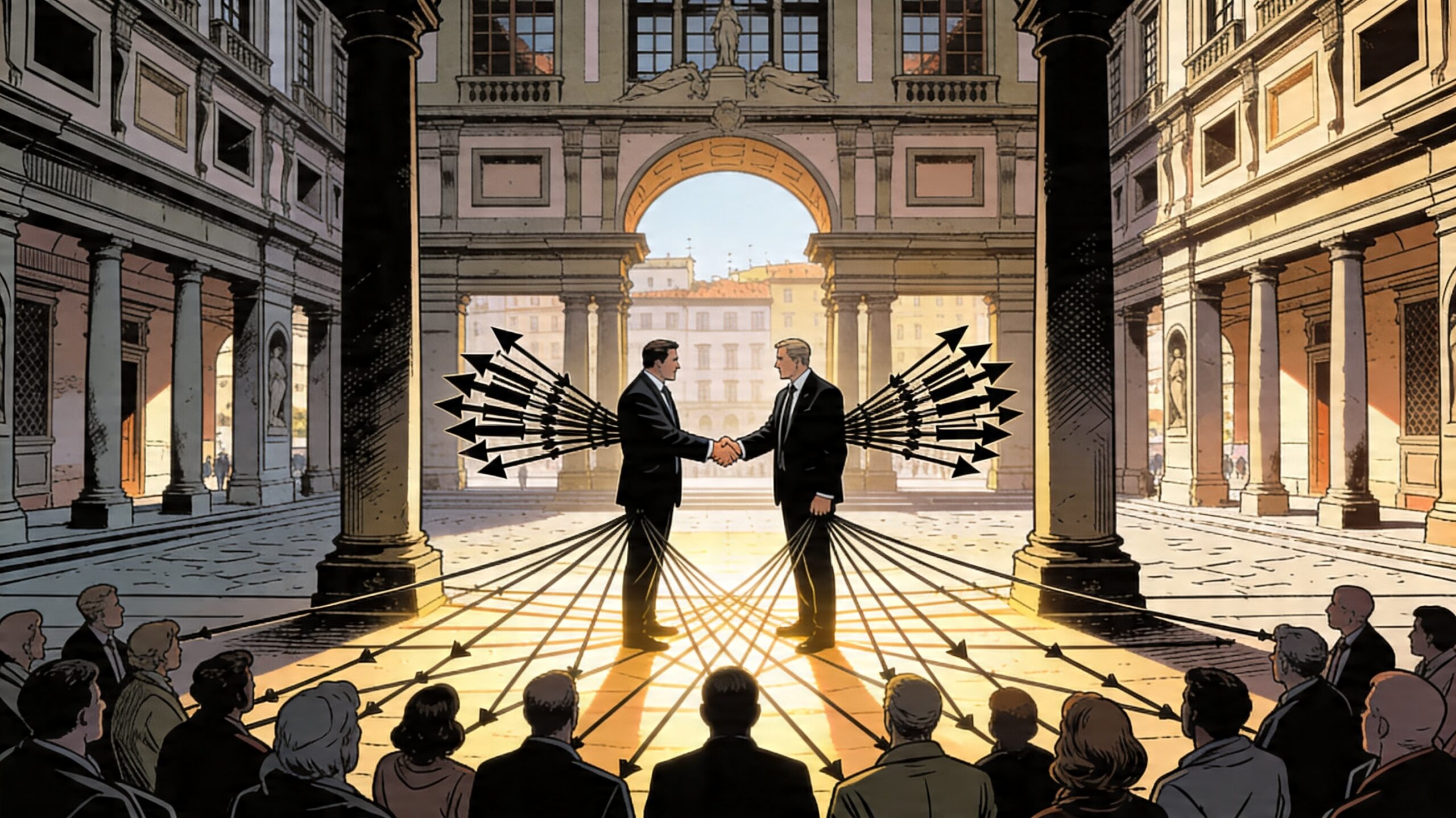 Due imprenditori che stringono una partnership di co-marketing B2B sotto la loggia di un palazzo fiorentino rinascimentale