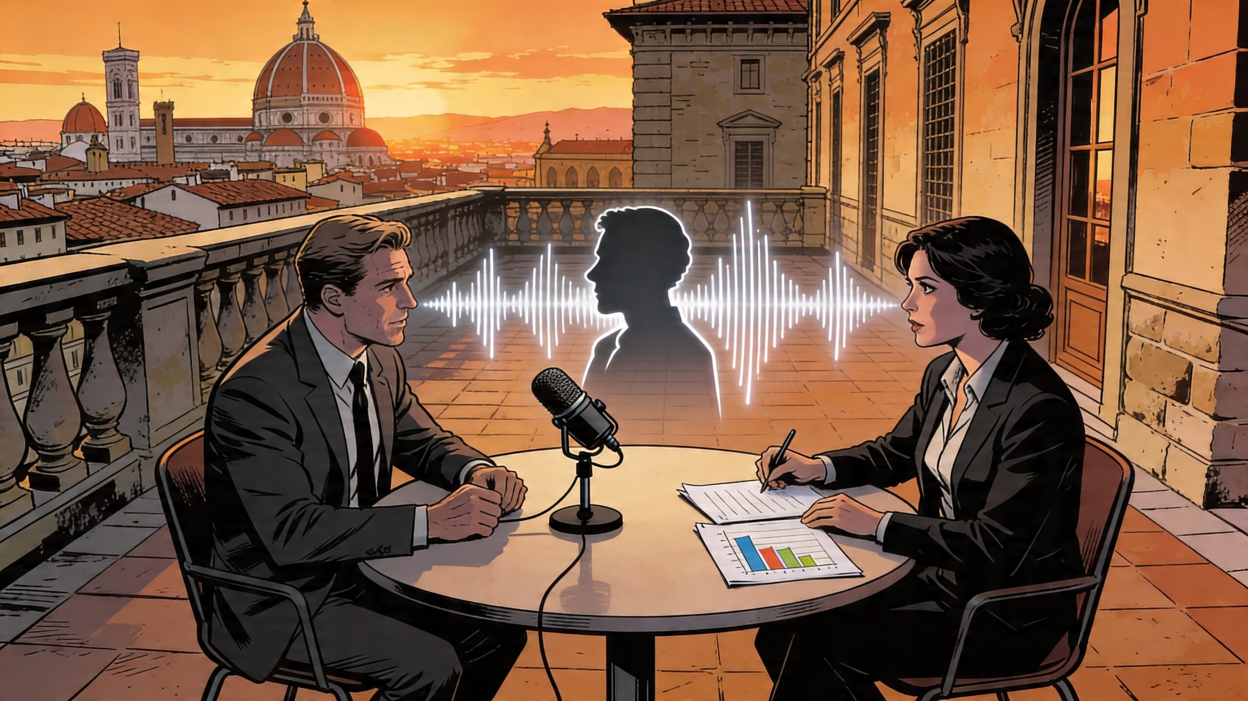 Due professionisti B2B che registrano un contenuto collaborativo su una terrazza fiorentina al tramonto con vista sui tetti storici