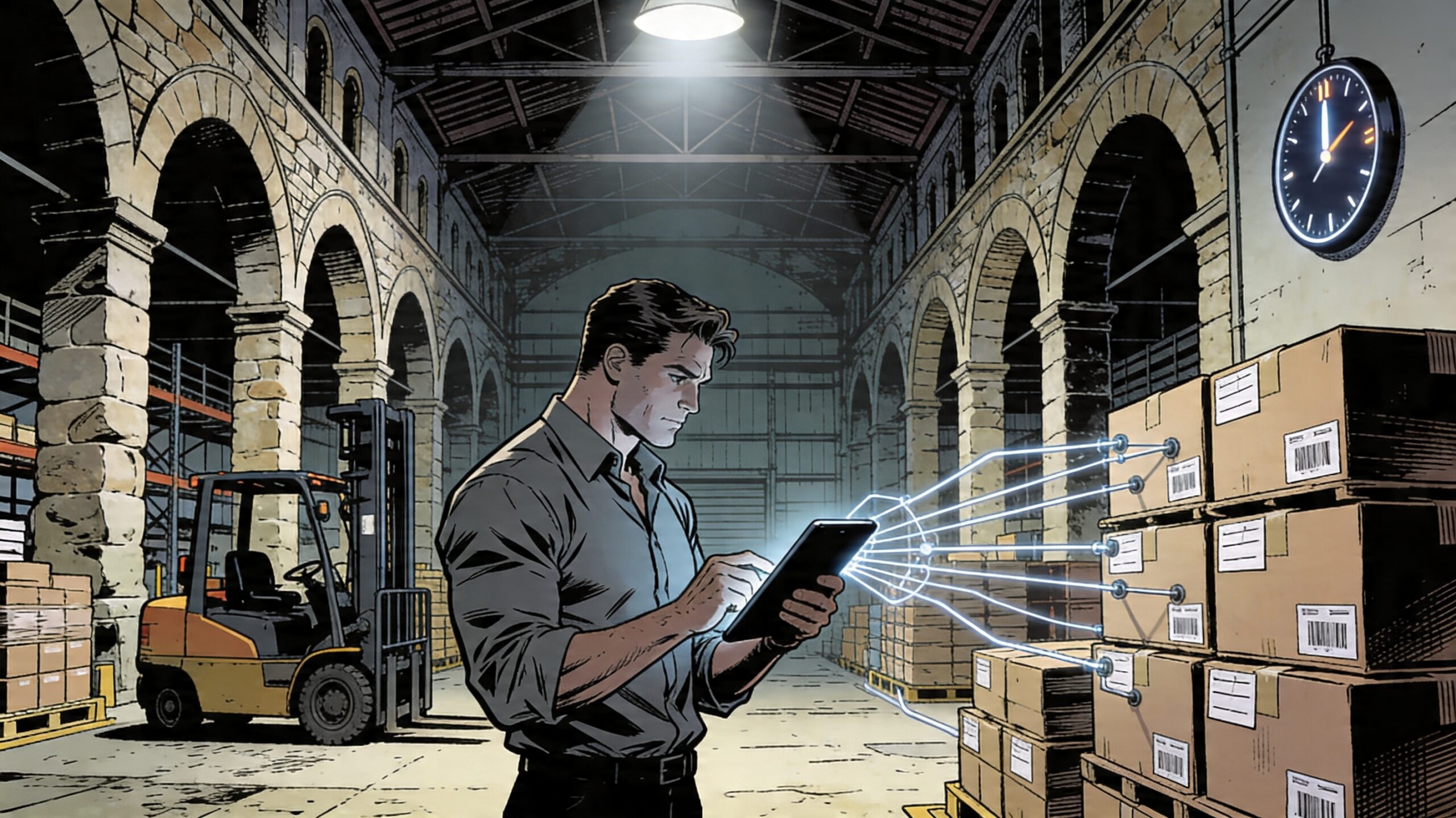 Imprenditore che gestisce ordini B2B digitali tramite tablet in un magazzino fiorentino con arcate in pietra