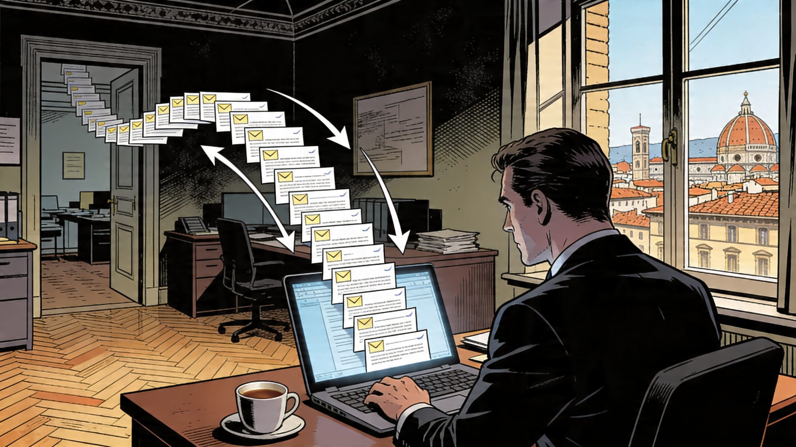 Professionista che gestisce una sequenza di email marketing B2B automatizzata su laptop in un ufficio fiorentino