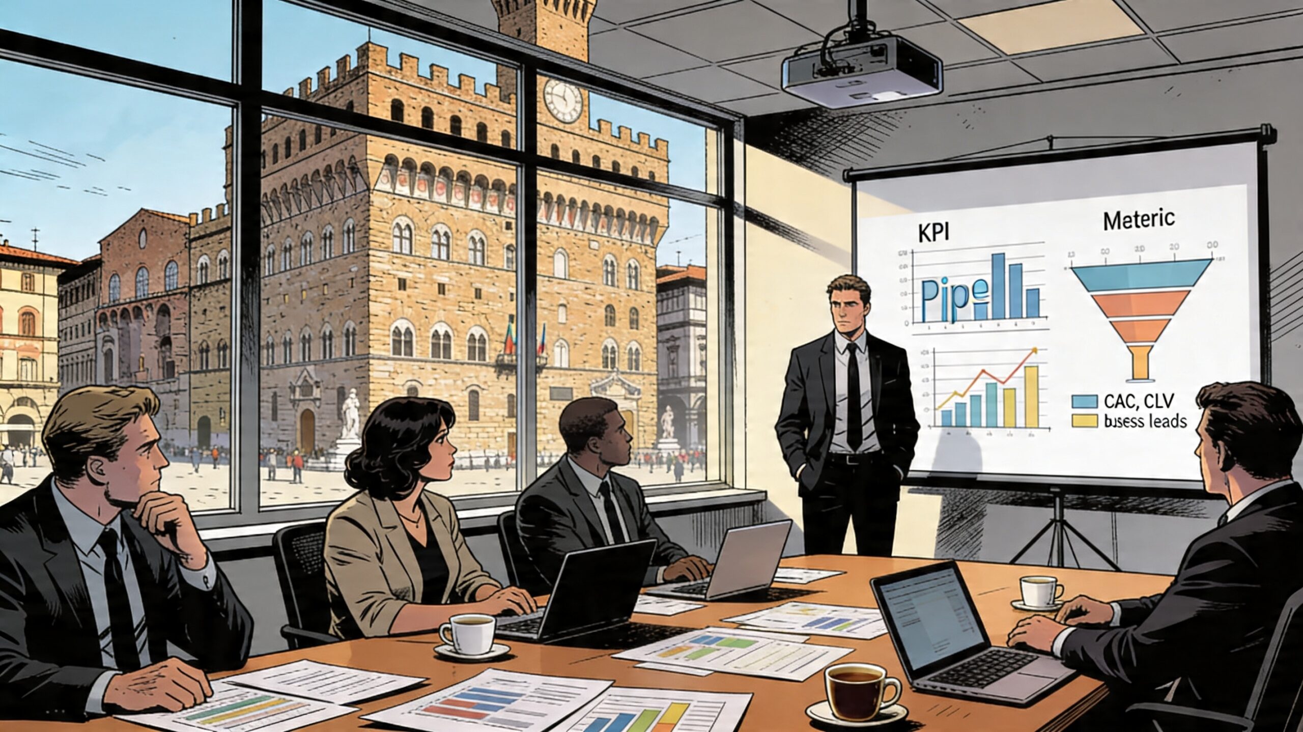 Responsabile marketing presenta KPI B2B e metriche ROI al board aziendale in sala riunioni con vista su Firenze