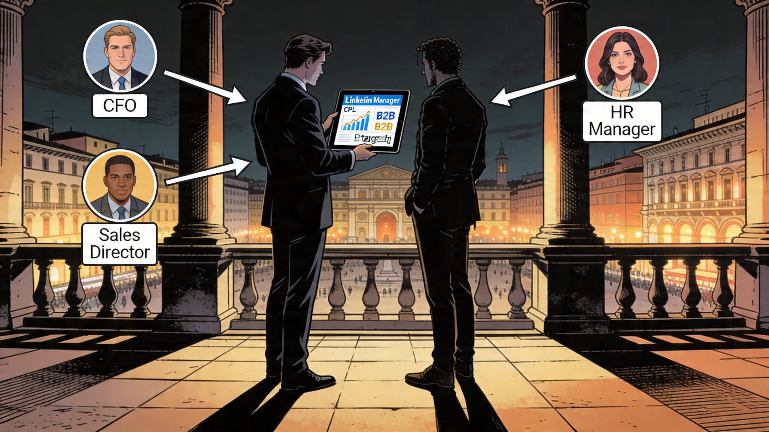 Manager e imprenditore analizzano campagna LinkedIn Ads B2B su tablet con targeting professionale su terrazza fiorentina