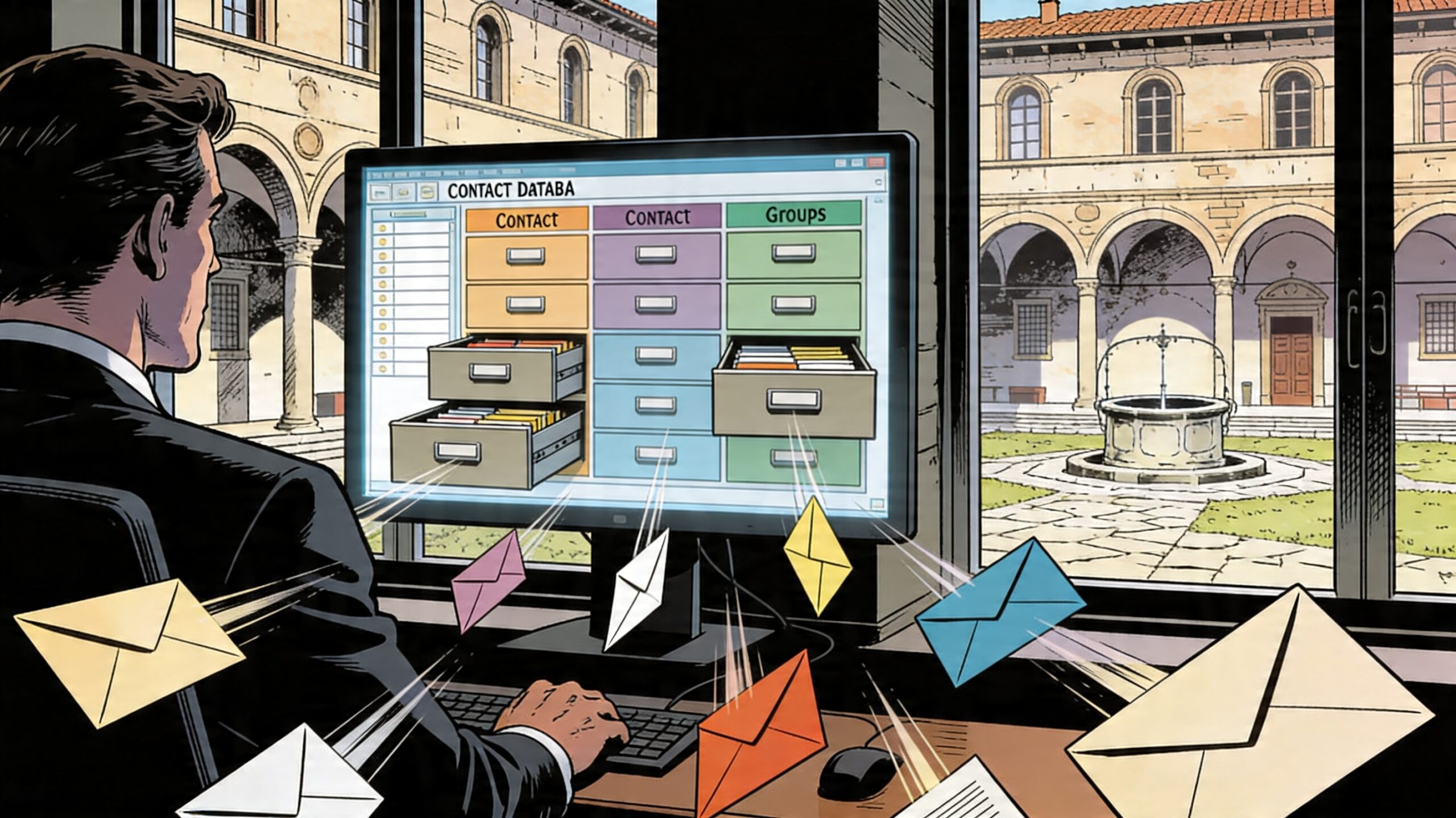 Professionista che segmenta un database email B2B in gruppi distinti in un ufficio fiorentino storico