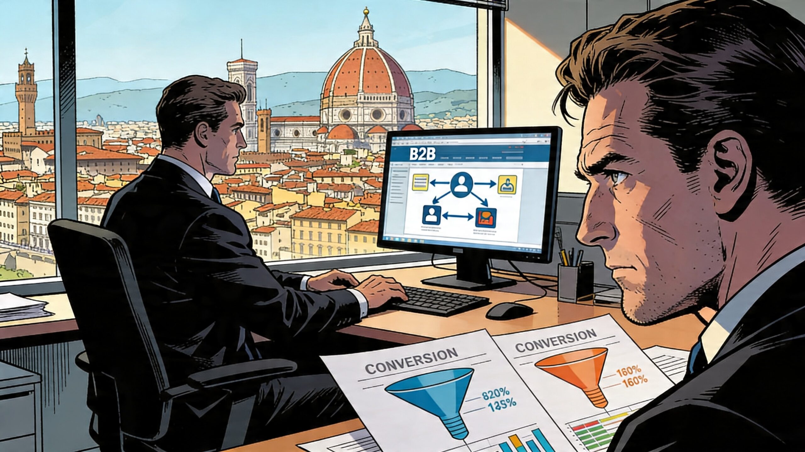 Consulente e imprenditore analizzano dati di lead generation B2B su un sito web professionale in un ufficio fiorentino