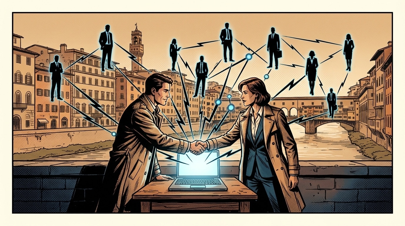 Due professionisti B2B che si stringono la mano con una rete di connessioni LinkedIn sullo sfondo, metafora del social selling