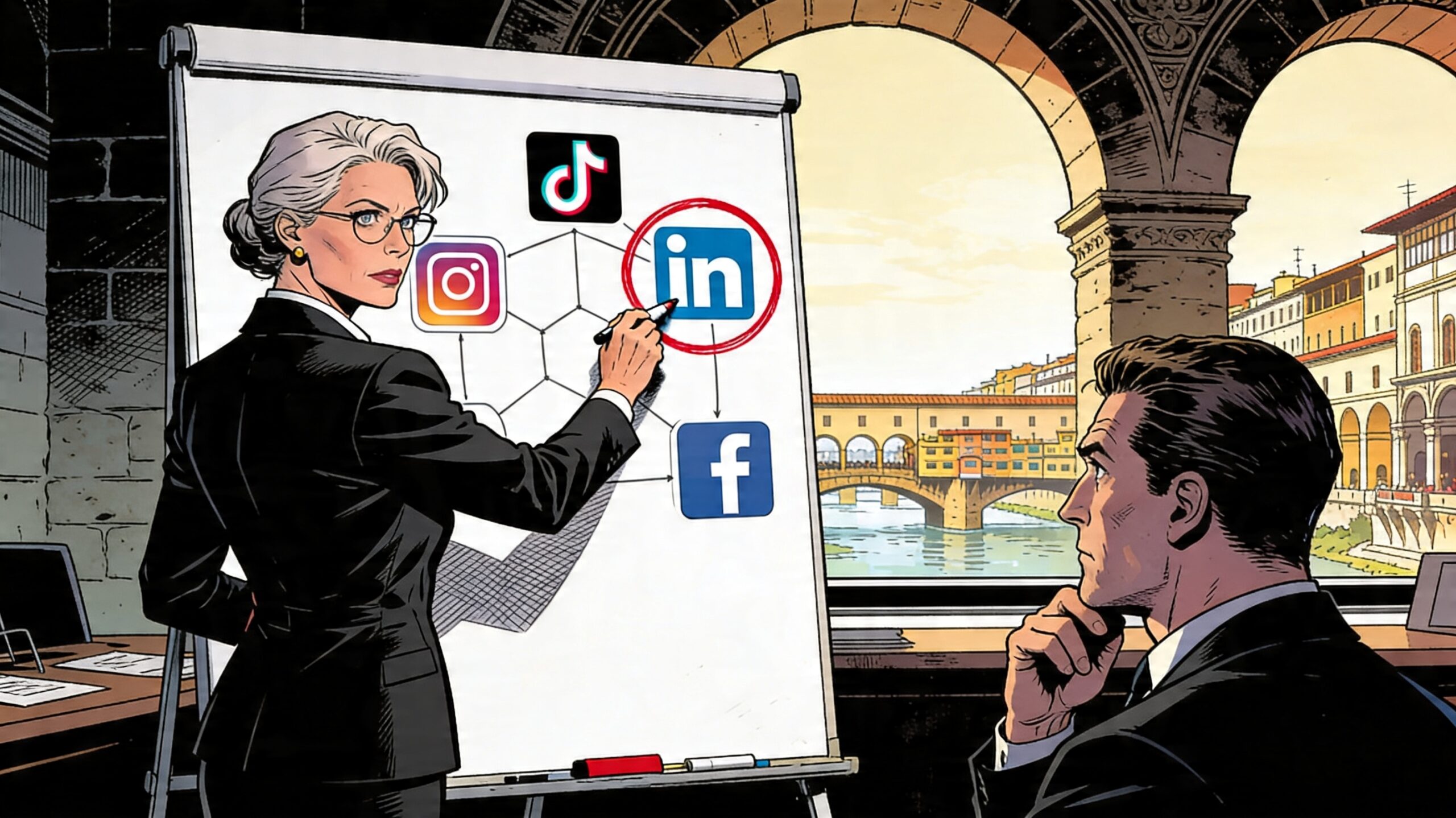 Consulente cancella piattaforme social non adatte al B2B su lavagna in ufficio fiorentino rinascimentale