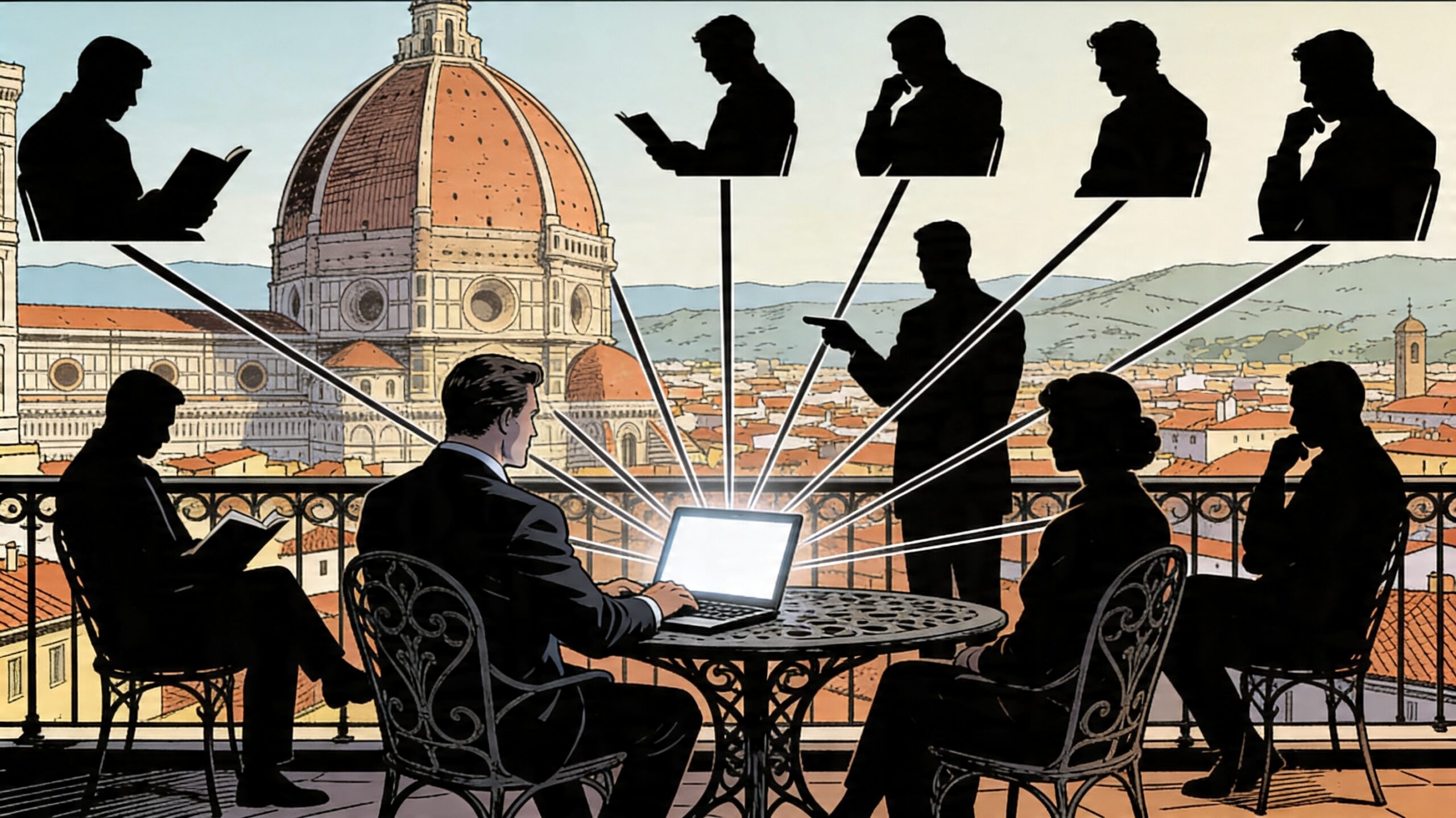 Manager che pubblica thought leadership su LinkedIn raggiungendo decision maker B2B da una terrazza con vista su Firenze