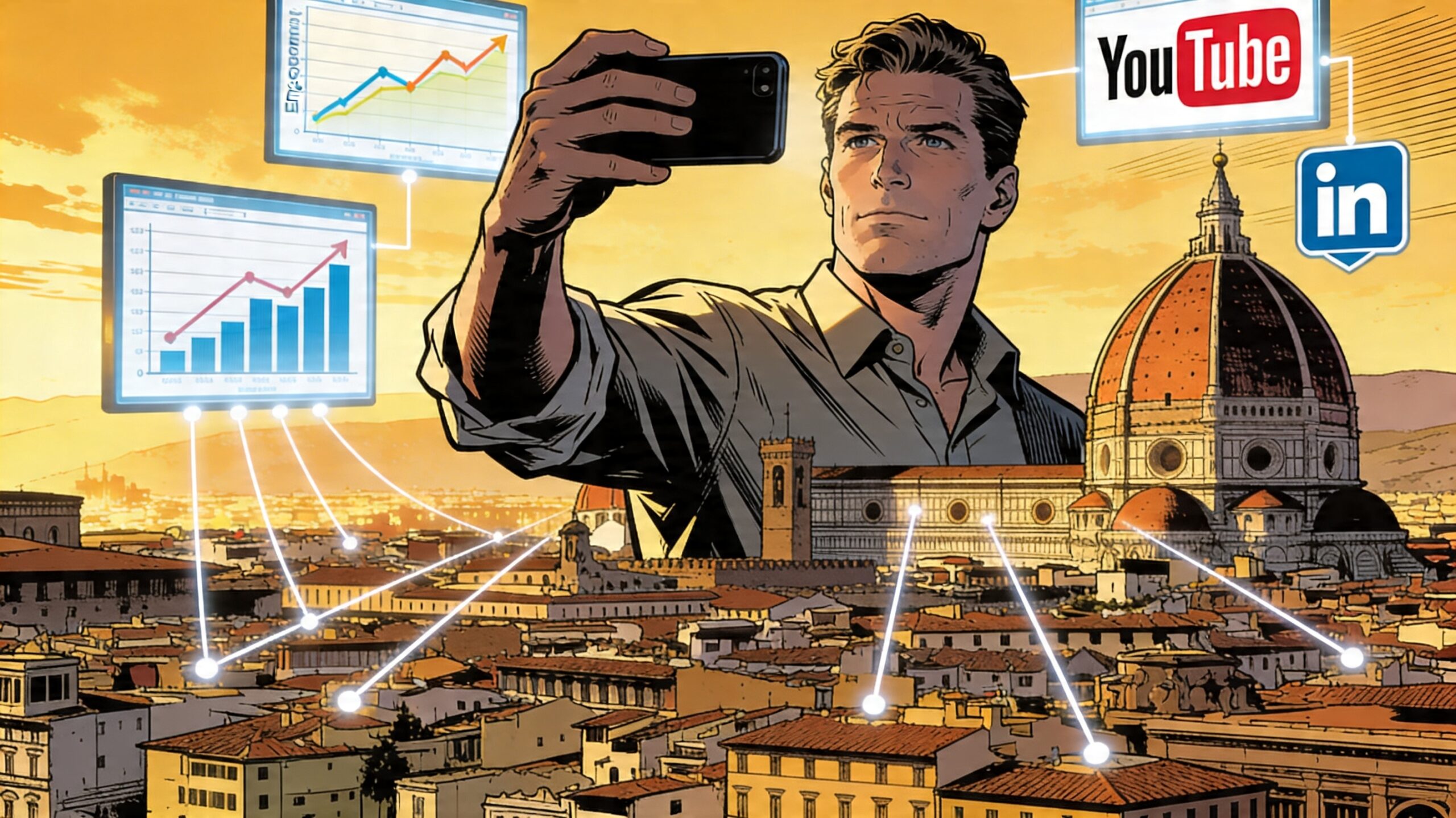 Professionista che produce un video B2B con smartphone su tetto fiorentino con vista sul Duomo