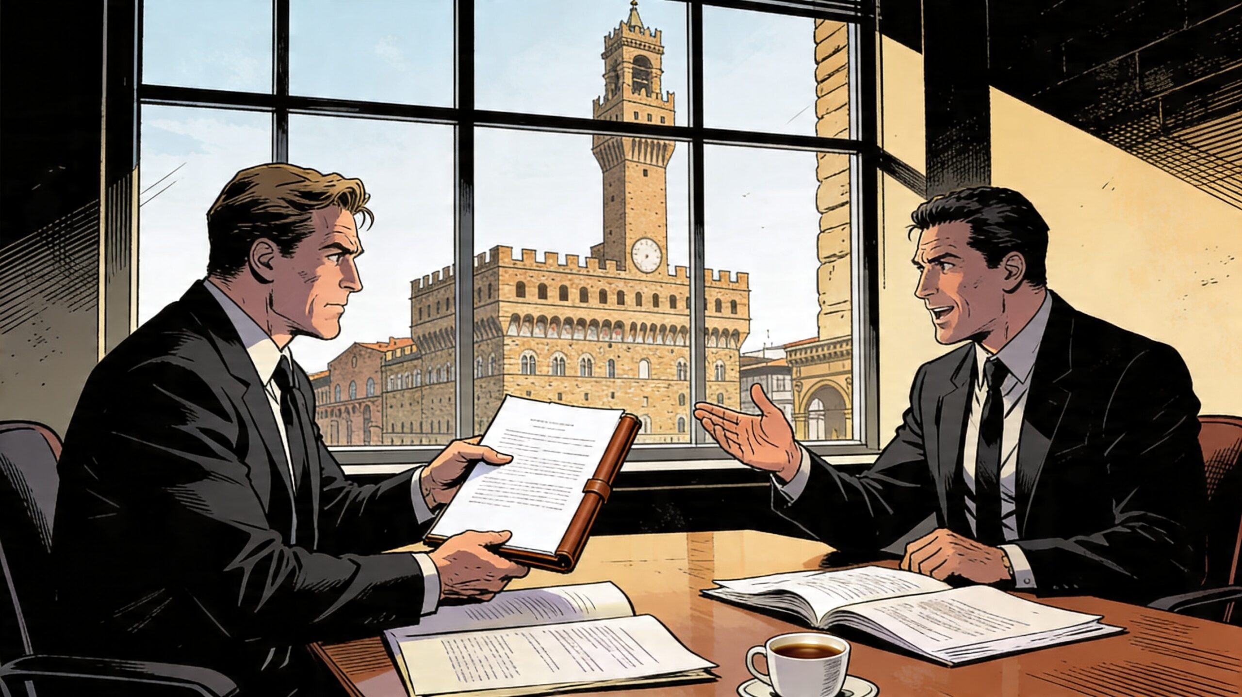 Due professionisti B2B in riunione con whitepaper e case study sul tavolo
