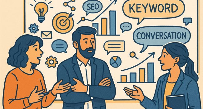 Tre professionisti discutono davanti a una lavagna con grafici, keyword e conversation in stile fumetto