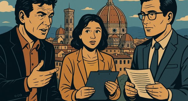 Illustrazione fumetto: tre imprenditori discutono strategie di marketing con il Duomo di Firenze sullo sfondo
