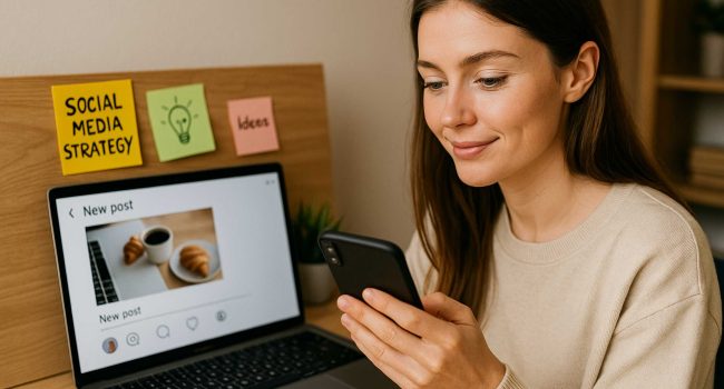 Donna caucasica in home office crea contenuti social con l’aiuto dell’intelligenza artificiale su laptop e smartphone
